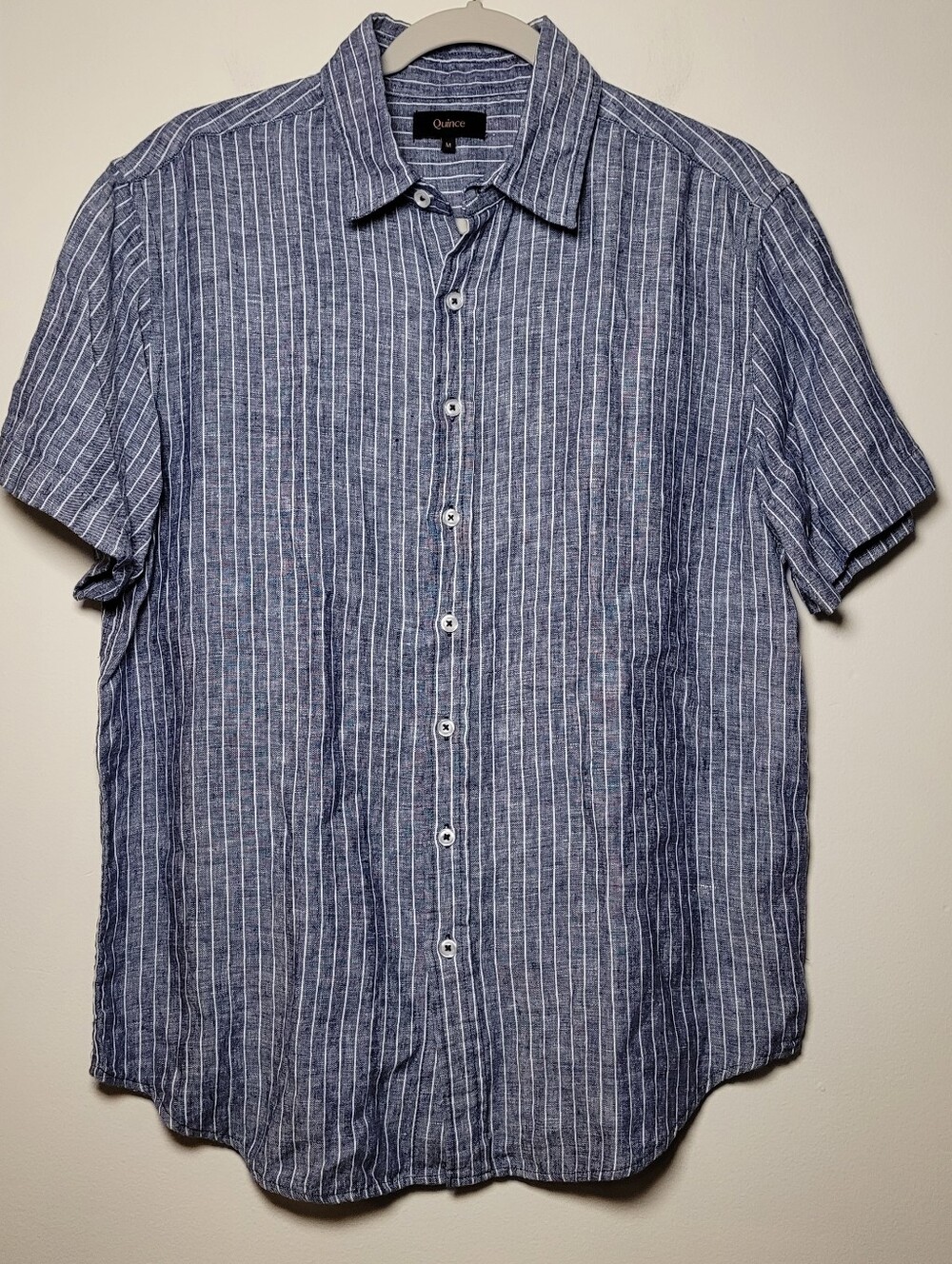 Quince Men's Short-Sleeve Vertical Stripe Button-Down Shirt Size M Linen Minimal